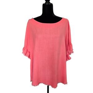 Umgee Women's 1X Coral Linen Blend Short Sleeve Hi-low Oversized Top Beachy